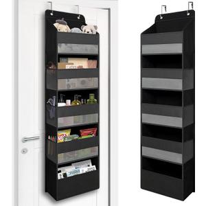 TYMENSH Over Door Organizer with 5 Large Pockets, Heavy Duty Hanging Organizer Storage, Closet Bathroom Nursery Bedroom Dorm, Toys Cosmetics Sundries and Baby Essentials, Black