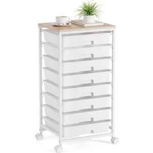 Storage Cart with 8 Drawers, Utility Cart with White Drawers and Wooden Tabletop, Craft Cart, Teacher Organization for Classroom,White