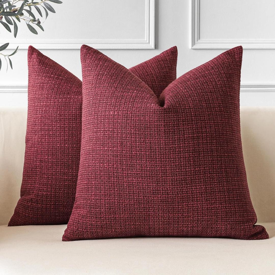 OTOSTAR Pack of 2 Throw Pillow Covers 20x20 Inch Linen Wine Red Pillowcases Farmhouse Decorative Solid Pillow Covers 50x50 cm Square Cushion Case for Home Decor Sofa Couch Bed (Wine Red)
