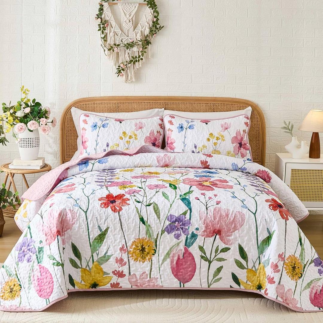 Anibedding King Quilt Set, Pink Floral Bedspread Soft Microfiber Lightweight King Size Quilt Bedding Sets Reversible Flower Coverlet for All Season(King, 104"x90")