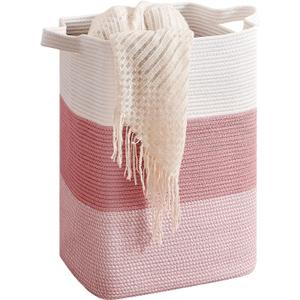 CLHMILY&Z 75L Laundry Hamper Rectangular Pink Rope Basket - 16x13x22 Inches - Dirty Clothes Storage Soft Organizer Bin for Blankets, Toys, and Nursery Essentials