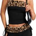 EHSUYAB 2000S Sexy 2 Piece Leopard Club Outfits, Ruched Tube Strapless Crop Top, Low Rise Booty Shorts Casual Going Out Rave (XXL, Black-brown Cheetah)