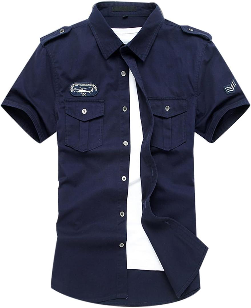 Gihuo Men's Military Tactical Shirt Short Sleeve Cargo Work Outdoor Hiking Camping Hunting Fishing Navy XXL