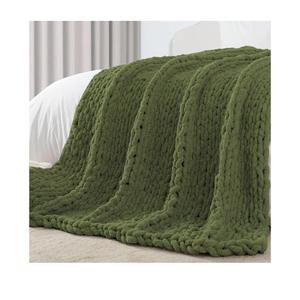 Carriediosa Chunky Knit Throw Blanket 50" X 60", 100% Hand Made Large Chenille Loop Yarn Soft Fluffy Throws for Couch Sofa Bed, Big Crochet Cozy Heavy Thick Cable Woven Blankets, Olive Green