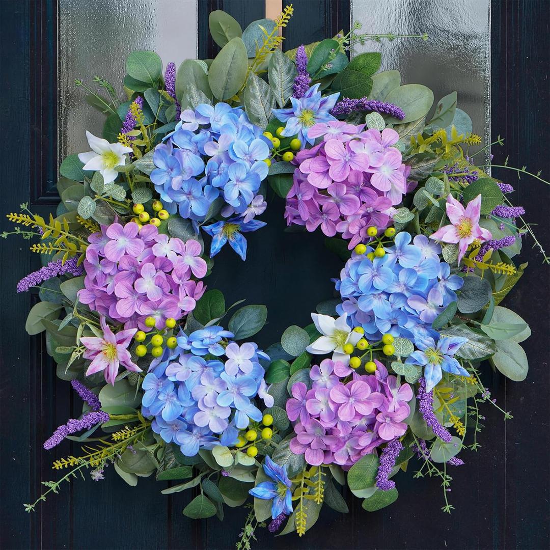 24 Inch Spring Summer Wreaths for Front Door - Blue & Purple Hydrangea Spring Door Wreath, Monet-Inspired Floral Decor with Hydrangea and Clematis for French Country, Spring and Summer, Indoor Outdoor