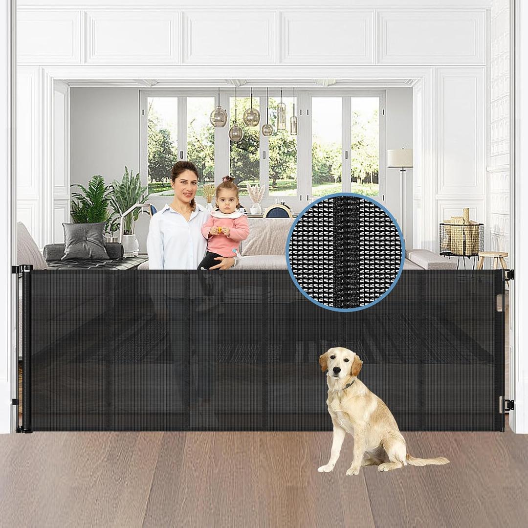 Reinforced 75 Wide Retractable Baby Gates with Support Rods, Retractable Dog Gate for The House Extra Wide Mesh Pet Gate Indoor Outdoor Child Gates for Doorways Stair Gates for Kids or Pets (Black)