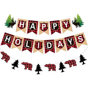 2 x TENNYCHAOR Happy Holidays Banner, Buffalo Plaid Christmas Decorations, Rustic Bear and Tree Garland, Indoor Outdoor Holiday Decor,Christmas New Years Eve Decorations.