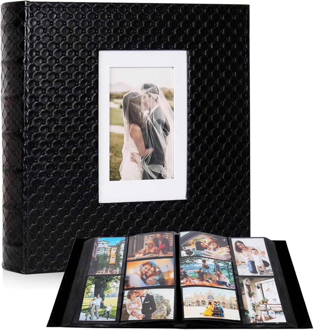 RECUTMS Photo Album for 4x6 Pictures 600 Pockets Black Inner Page Button Grain Leather Cover of Large Capacity Pictures Album Book Birthday Christmas Wedding Anniversary Memory (Black)
