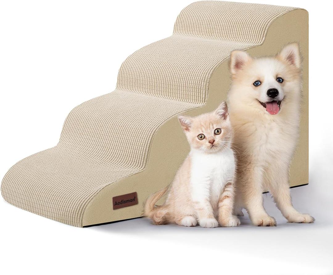 Aodisman 4-Step Dog Stairs and Ramp for Beds or Couches,Non-Slip Sturdy Pet Steps for Small Dogs and Cats,17.4" H,Beige