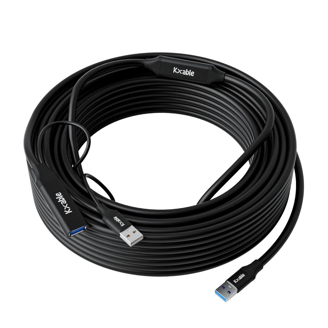 USB 3.0 Active Extension Cable 50 Feet, Type A Male to Female Extender Cord, USB Repeater Cable with 2 Signal Boosters & USB Power Supply, for Laptop, Hard Drive, Printer, Webcam, Xbox, VR, PS4