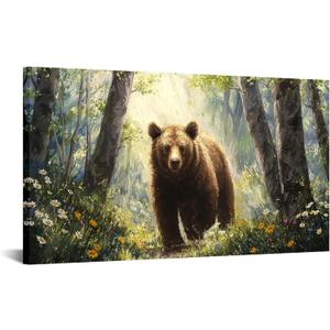 Canvbay Brown Bear Wall Art Canvas Wall Art Wildlife Animal in Forest Paintings Prints Wildflowers Nature Landscape Pictures Poster Gifts for Bear Lover Living Room Bedroom Home Decor 20x35inch