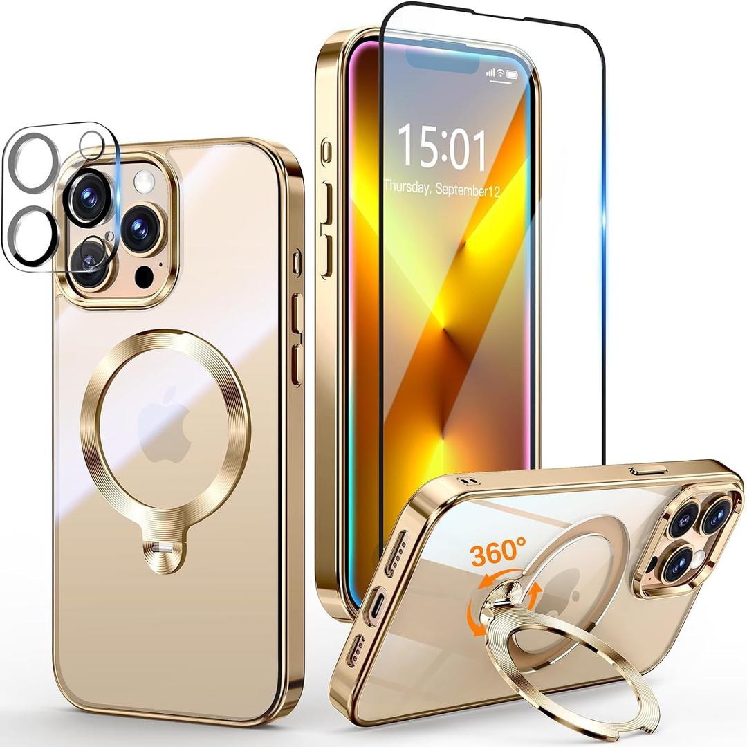 [Tri-Shield Protection] for iPhone 13 Pro Max Case with 360 Spin Stand Compatible with MagSafe [Magnetic CD Ring] [Screen & Camera Lens Protector] Shockproof Plating Never-Yellowing, Gold-6.7"