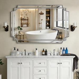 48"x31.6" Rectangle Beveled Mirror with Silver Geometric Frame
