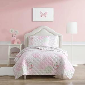 Laura Ashley Kids - Twin Quilt Set, Reversible Kids Bedding with Matching Sham(s), Ideal for Toddler Bedding Set (Ellyn Pink, Twin) (Full)