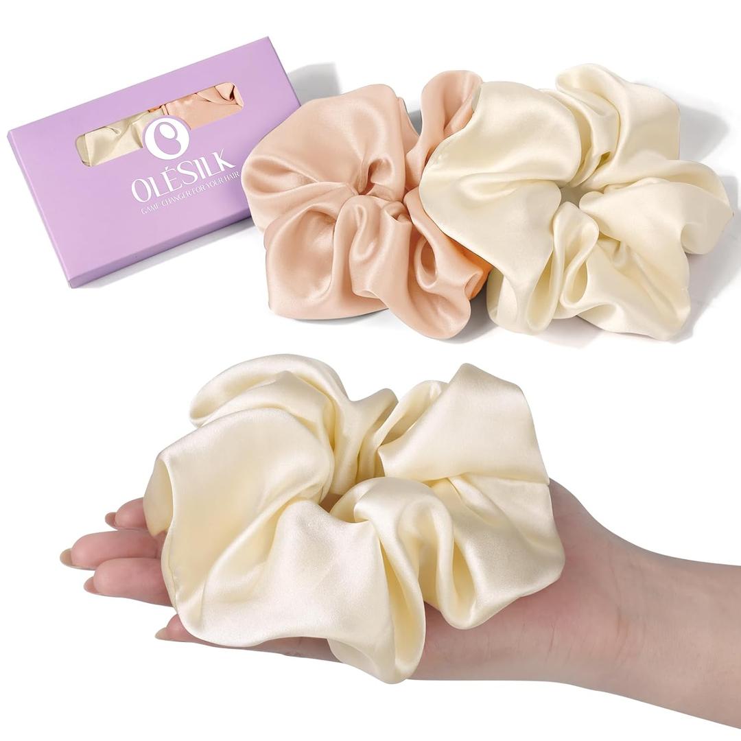 OLESILK Silk Scrunchies Oversized 100% Mulberry: Large for Long Thick Hair, Soft and Smooth for No Damage Hair Care Sleeping, Vintage Fashion (1 Count (Pack of 2), Champagne)