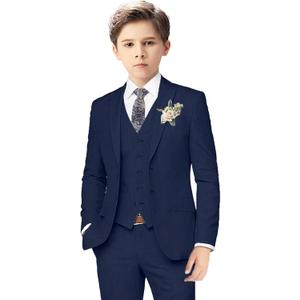 Boys Linen Suits for Kids Summer Slim Fit 3 Piece Beach Wedding Outfit Light Weight Tuxedo Linen Suit Set (20, Navy)