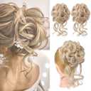HOOJIH 2PCS Messy Bun Hair Piece, Tousled Updo with Tendrils Hair Bun Extensions Wavy Curly Hair Wrap Ponytail Hairpieces Hair Scrunchies for Women HB010 Dasiy - Light Golden Blonde