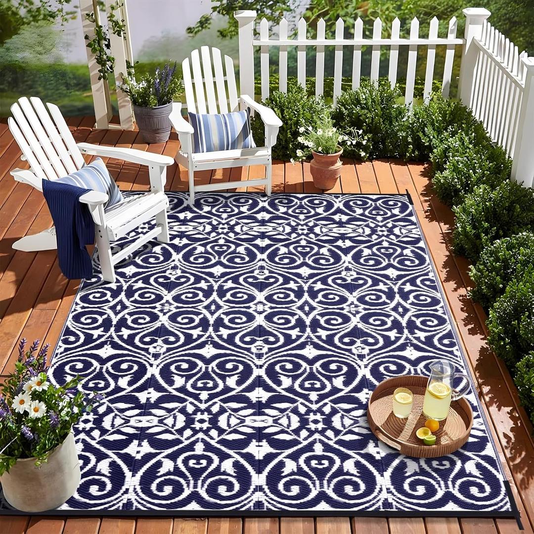 OLANLY Outdoor Rug Waterproof 9x12 ft Clearance, Reversible Outdoor Plastic Straw Rug with Floral Pattern, RV Mat for Patio, Camping, Balcony, Deck, Backyard, Navy & White