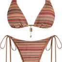 ZAFUL Bikini Sets for Women Crochet Swimsuits Striped Triangle Knit Cheeky Bikini Two Piece Swimwear Side Tie Bathing Suits (Small, A-pink Brown)