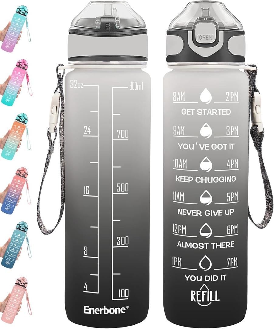 Enerbone 32 oz Drinking Water Bottle with Times to Drink and Straw, Motivational with Carrying Strap, Leakproof BPA & Toxic Free, Ensure You Drink Enough Water for Fitness Gym Outdoor (Gray-Black)