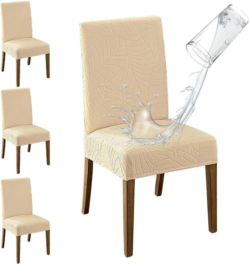 MOSAYT 100% Waterproof Dining Room Chair Covers Set of 4, Super Fit Stretch Jacquard Parson Chairs Slipcovers Removable Washable Chair Seat Protectors for Home, Kitchen, Banquet (Beige - XL)