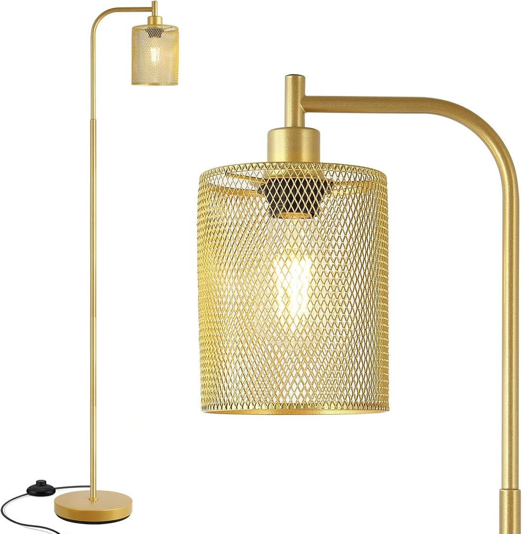 BoostArea Industrial Gold Floor Lamp, 67 Inch LED Standing Lamp with Iron Mesh Lampshade, 6W Brass Stand Up Lamp for Living Room, Bedroom, Office, Den