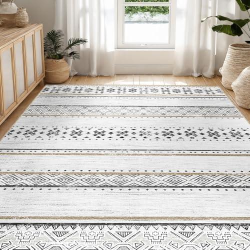 BESTSWEETIE 6'x9' Area Rug Washable 6'x9' Rug Rugs Moroccan Farmhouse Neutral Geometric 6'x9' Rug for Living Room Bedroom Low Pile Non-Slip Ultra Soft Faux Wool Black/ Brown