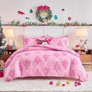 Joyreap 3pcs Christmas Duvet Cover Set Twin, Pink Xmas Tree Design Bedding Set, Includes 1 Duvet Cover and 2 Pillow Shams (Twin- 68"x90")