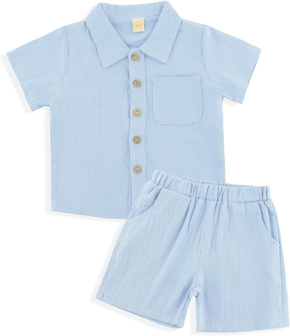 Linen Baby Clothes for Summer Vacation & Beach Hiking, Linen Short with Cotton Linen Top for Girls & Boys (6-7Y, Blue)