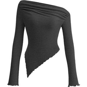 PRETTYGARDEN Women's Spring Long Sleeve Y2K Crop Top Trendy Off Shoulder Asymmetrical Fitted Knit Tee Shirts Going Out Tops (Black, Large)