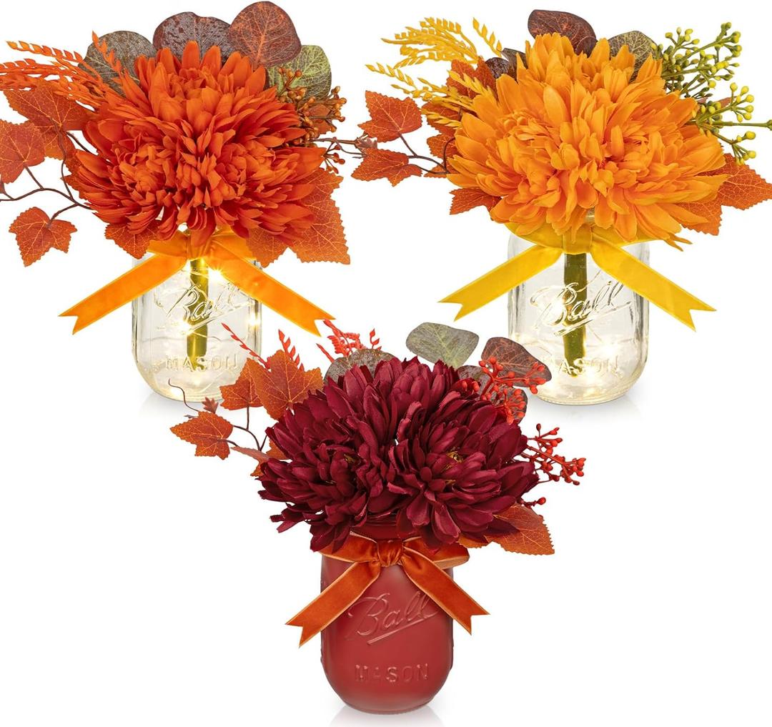 Fall Mason Jars Centerpieces with Lights for Table, Fake Mums Artificial Flowers Floral Arrangements for Autumn Decor, Faux Mums in Mason Jars Fall Decorations for Home, Harvest, Thanksgiving Decor