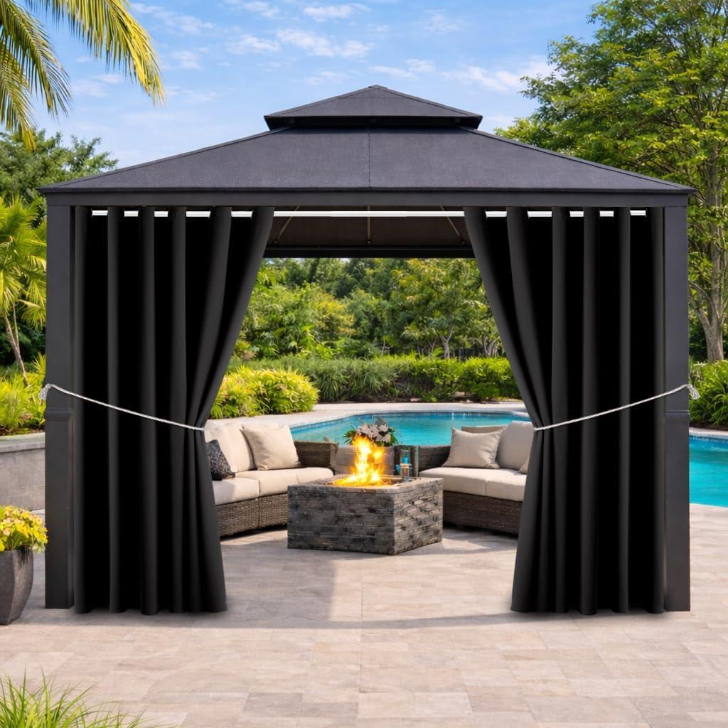 Water Proof Outside Curtains with Grommet Top for Porch, W84 x L95 Thermal Insulated Washable Light Block Outdoor Divider Drapes for Patio Gazebo Deck Pool Area Pergola Cabana (Black)