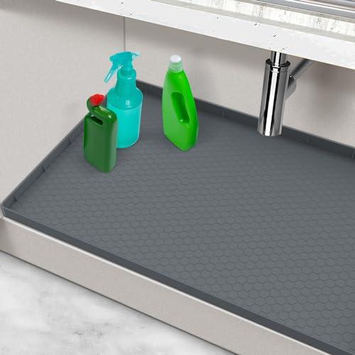 Under Sink Mats for Kitchen Waterproof 34" x 22", Silicone Under Kitchen Sink Mats and Protectors for 36" Cabinet, Under Sink Tray Organizer, Shelf Liners Cabinet Liner for Kitchen and Bathroom, Gray