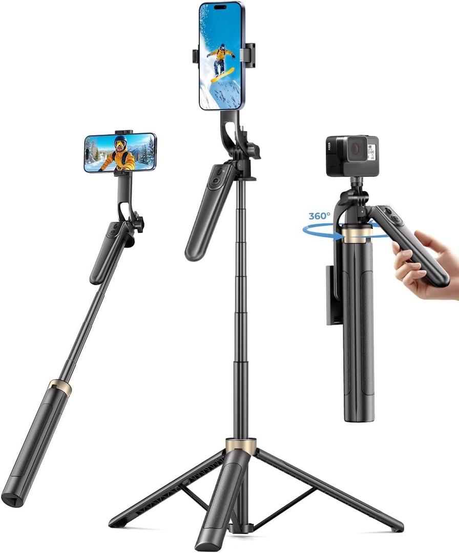 72" Phone Tripod, Tripod for iPhone with Wireless Remote Control, Portable Selfie Stick for iPhone, Live Streaming, Video Recording, Compatible with Cell Phones, Cameras (Deep Black)
