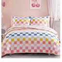 Twin Comforter Set for Girls-5 Pieces Colorful Check Twin Bedding Sets for Kids, Ultra Soft Bed in A Bag with Sheets