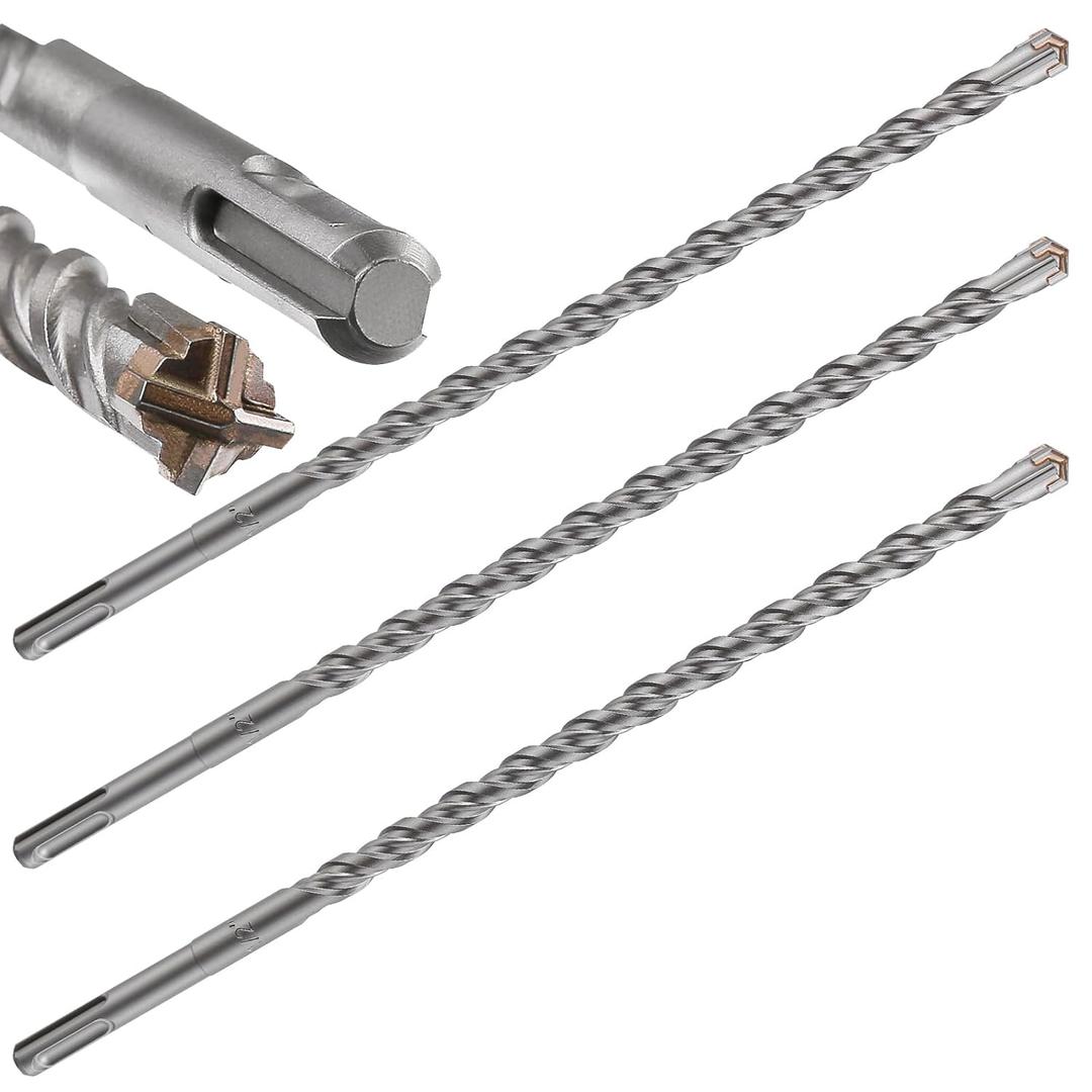 Concrete Drill Bit Lengthening 3pcs 1/2" X 12"-10" Cross-Type Double Thread Carbide Material Suitable for Brick, Cement Walls, Stone, Extra Long Hammer Drill Bits