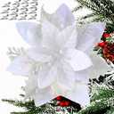 18 PCS Artificial Christmas Poinsettia Flowers - Tree Decorations With Glitter and Clips - White Ornaments for Xmas Decor