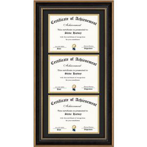 AUEAR,14x29 Triple Diploma Frame with 3 Openings for Three 8.5x11 Certificates,Wall Display and Real Glass(Color Ornate Gold & Black)