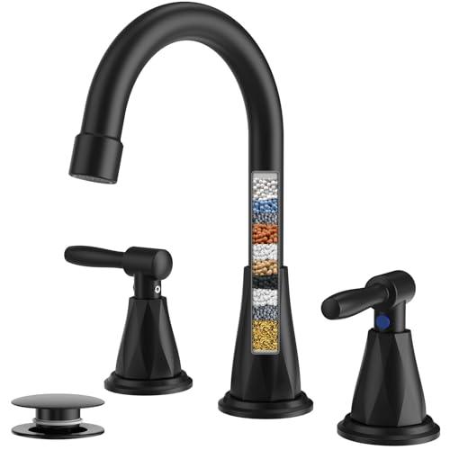 Bathroom Faucets with Filter, Widespread Black Bathroom Sink Faucet for 3 Holes with Pop-up Drain Assembly, Two Handle Vanity Faucet (Contemporary)