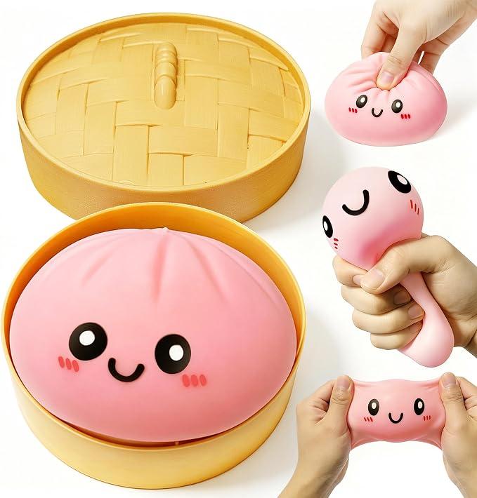 2026 Upgraded Dumpling Stress Ball, Dumpling Squishies Toy with Steamer, Squishy Dumpling Toy Mystery Box, Soft and Fun Stress Relief Toys, A Surprise Gift for Teenagers and Adults (Pink)