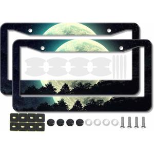 2PCS Full Moon Forest Pattern License Plate Frames for Men Women - Universal Metal Green Moon Night Sky License Plate Holders with Car Door Handle Bow