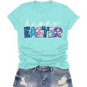 LuxLass Easter Shirts for Women Happy Easter Day T-Shirt Leopard Plaid Letter Print Tee Tops, XL