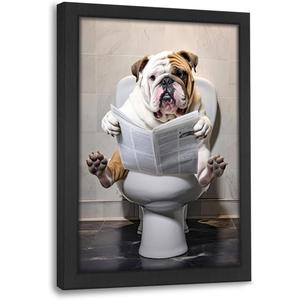 Bulldog Bathroom Wall Decor Funny Bulldog Pictures Canvas Wall Art Print Bulldog Toilet Signs Painting Artwork Dog Bathroom Decoration Bulldog Gifts Framed 16"X24"