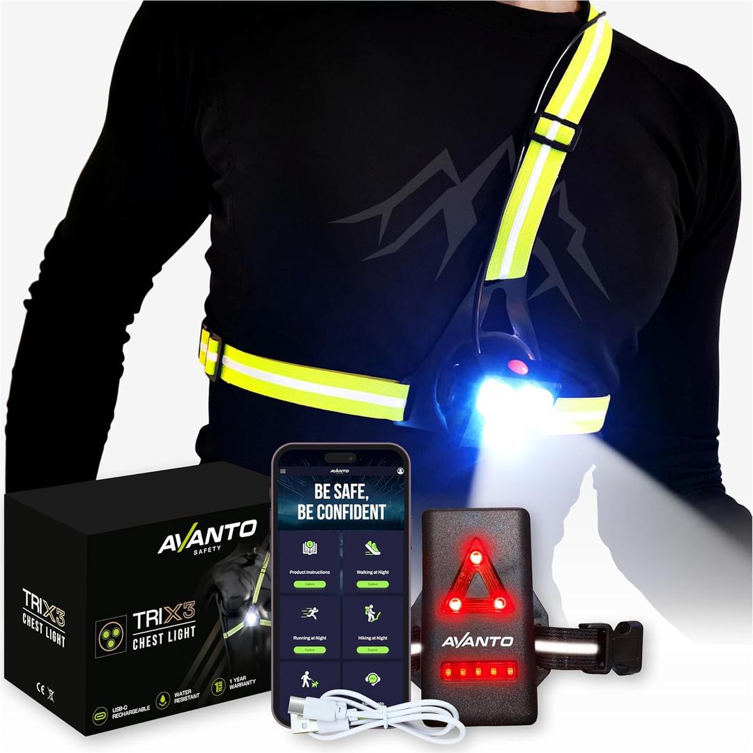 AVANTO Triple Beam Chest Lamp, Original, 500 Lumen LED Night Running Lights for Runners, Dog Walking Light, Long 5-7h Usetime, USB-C Rechargeable Battery, Running Headlamp, Reflective Vest (Yellow Straps_NP)