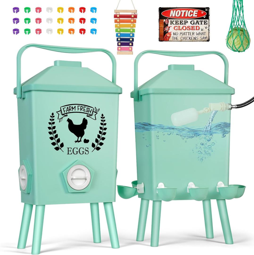 Tgeyd 4.2-Gallon Gravity Chicken Feeder & Waterer Set No-Waste Poultry Feeder with Automatic Water Dispenser, Rainproof Lid, Raised Stand Legs & Anti-Roost Cone