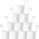 Foraineam 12 Pack Hanging Flower Pots White Metal Bucket Balcony Garden Plant Planter with Detachable Hooks and Drainage Hole for Railing Fence Patio Home Decoration