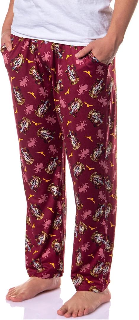 Harry Potter Hogwarts House Crest PJs Men's All Over Print Pajama Pants - Gryffindor Slytherin Hufflepuff Ravenclaw (Red, L)