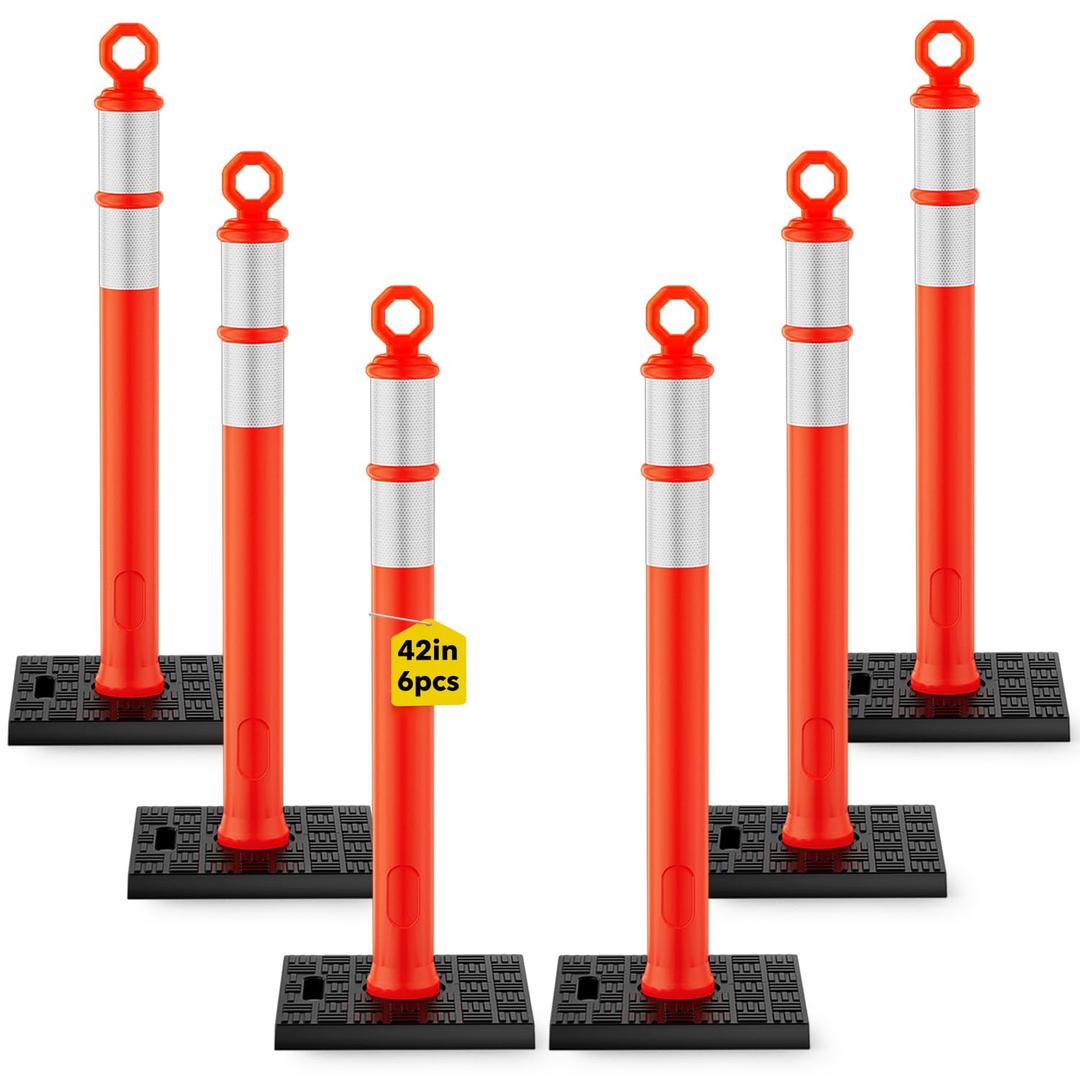 HiGiant 42 Inch Traffic Delineator Posts 6 Pack, Tall Traffic Cones with Base for Drivers Training, Parking lot