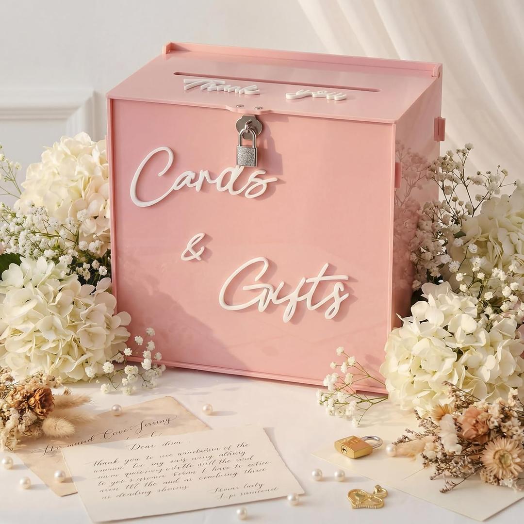 BreezeHug Light Pink Acrylic Wedding Card Box with Slot and Lock, Money Gift Box with DIY Letters Cards Gifts/Thank You Letters, Baby Shower Graduation Birthday Party (Medium)