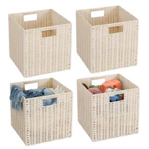 TAIMEI&G02 12x12x12inch Plastic Wicker Cube Baskets Large Square Foldable Handwoven Laundry Organizer Set of 4, Ivory